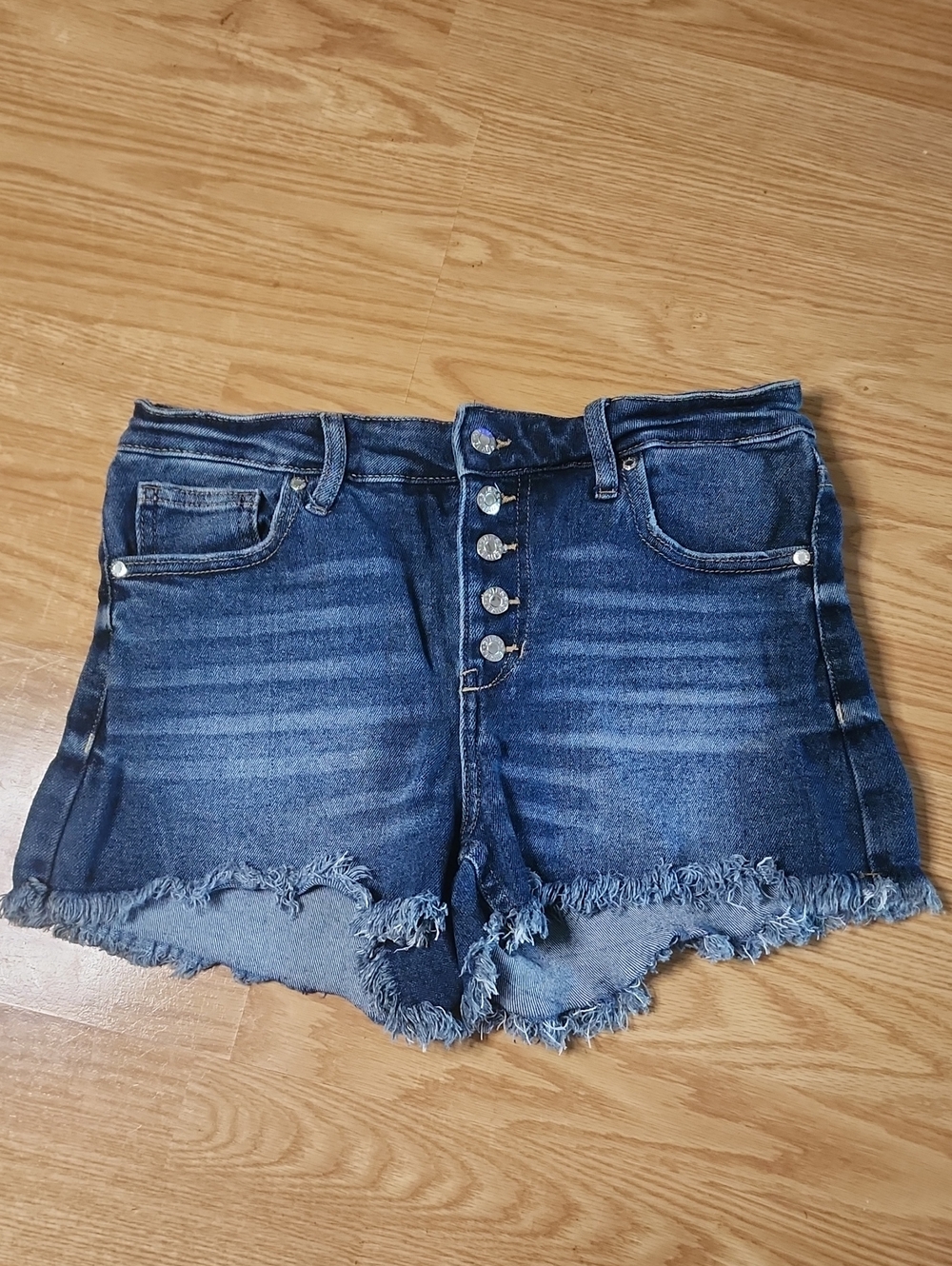 GUESS Distressed Dark Blue Button-Front Denim Shorts